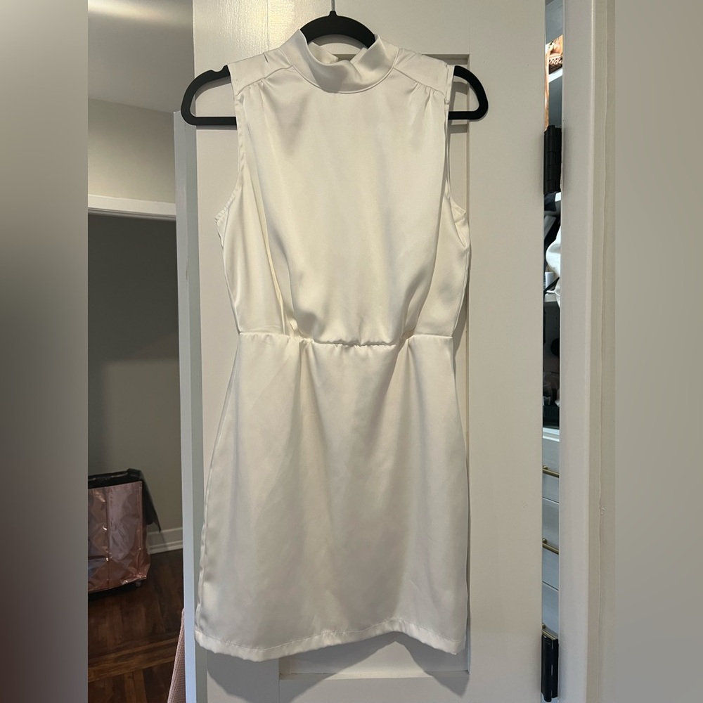 Lulu's Classic Elegance White Satin Sleeveless Mock Neck Mini Dress